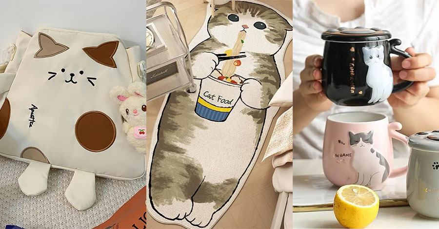 Cat-themed products on AliExpress: figurines, pillows, blankets, and accessories